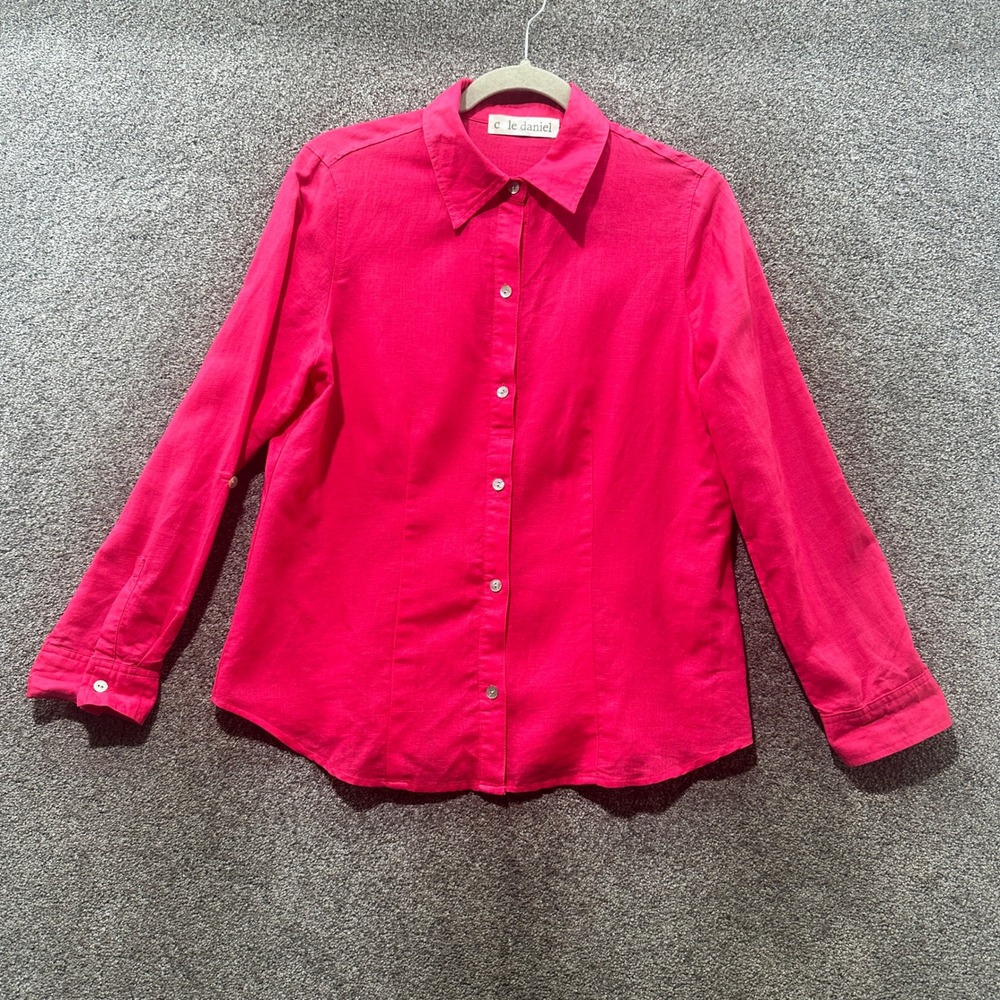 C Le Daniel Button Up Blouse Top Women XS Pink Linen Cotton Roll Tab Long Sleeve